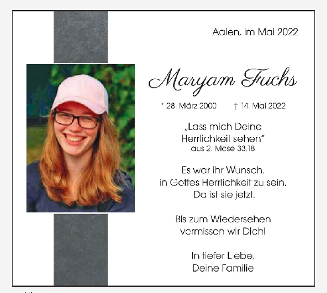 Bild von der Gedenkseite für Maryam Fuchs
